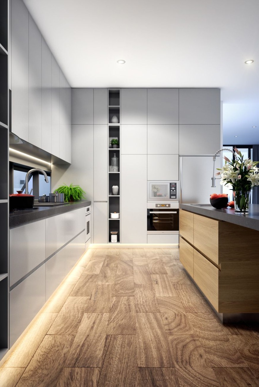 Color Combo Inspiration: Wood Interiors With Grey Accents  Cucina  - grey and wood kitchen