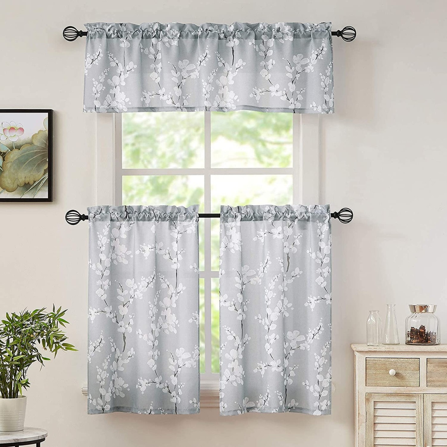 FMFUNCTEX Blossom Printed Tiers Kitchen Curtains 4inch Length Grey-White  Small Window Curtains for Bathroom Laundry Room Basement Rod Pocket Modern   - grey kitchen curtains