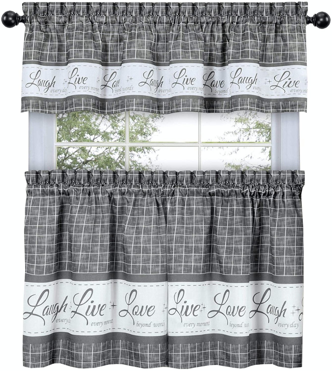 GoodGram Country Gingham Check Live~Laugh~Love 4 Pc. Café Plaid Kitchen  Curtain Set - Assorted Colors & Sizes (Gray, 46 in