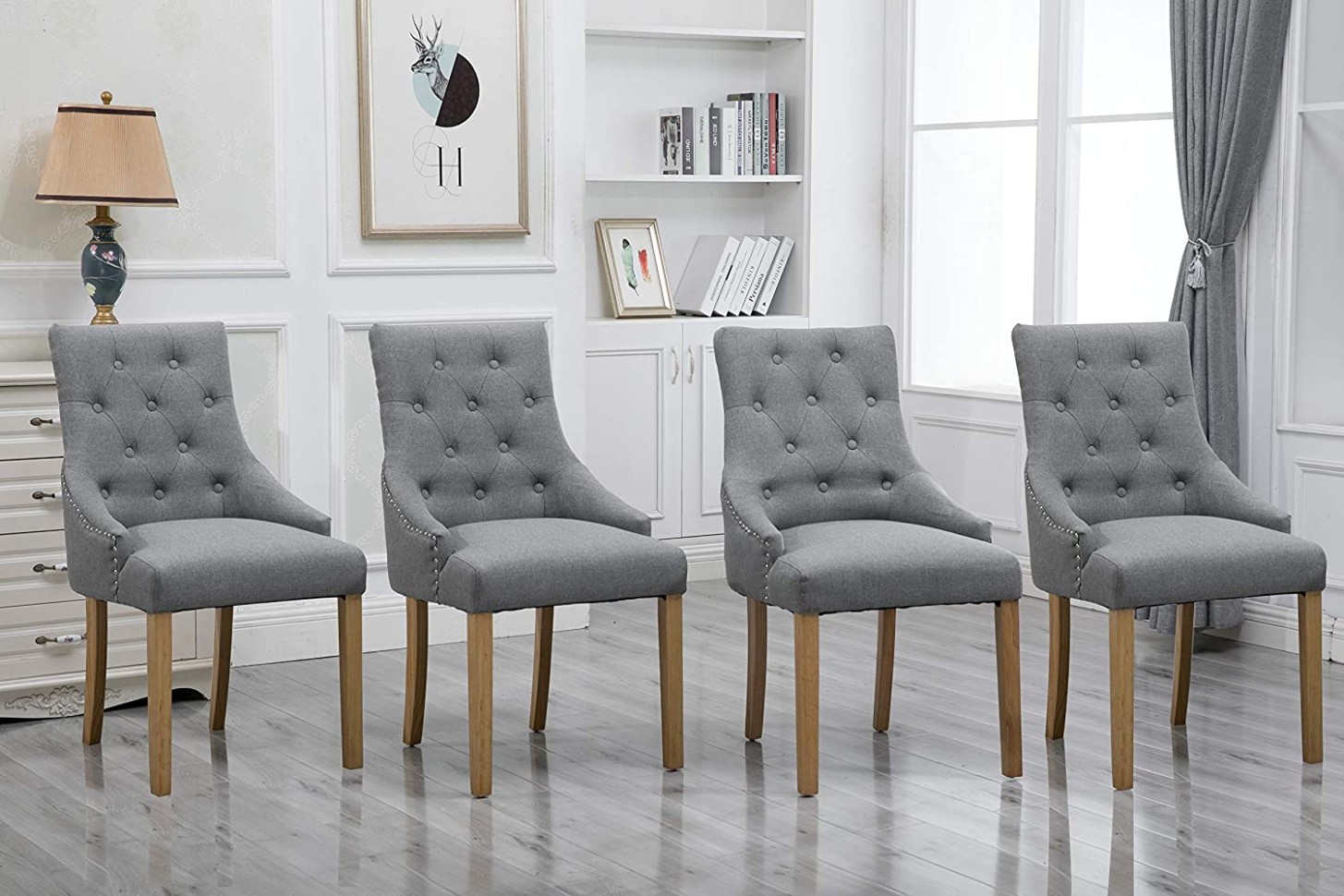 HomeSailing 3 Comfy Armchairs Dining Room Chairs with Arms Only Grey Fabric  Upholstered Kitchen Chairs High Back Button Tufted Padded Side Chairs for   - grey kitchen chairs