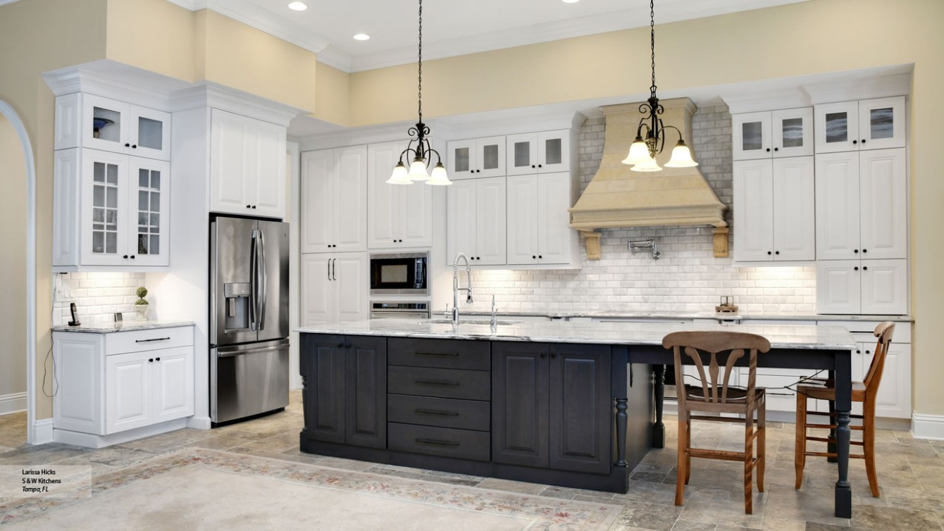 Kitchen with White Cabinets and a Gray Island - Omega - gray and white kitchen