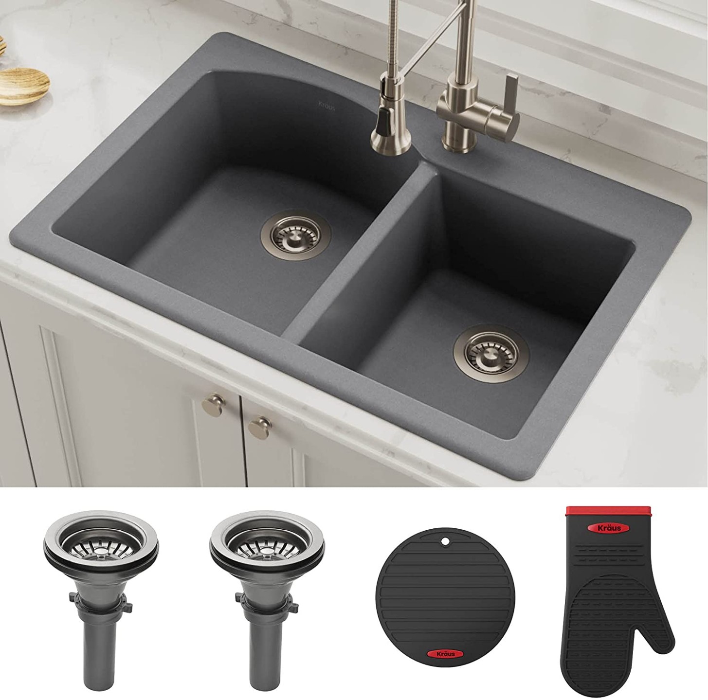 Kraus Forteza 5" Drop-In/Undermount Granite 5/5 Double Bowl Kitchen Sink  - Grey (KGD-5GREY) - grey kitchen sink
