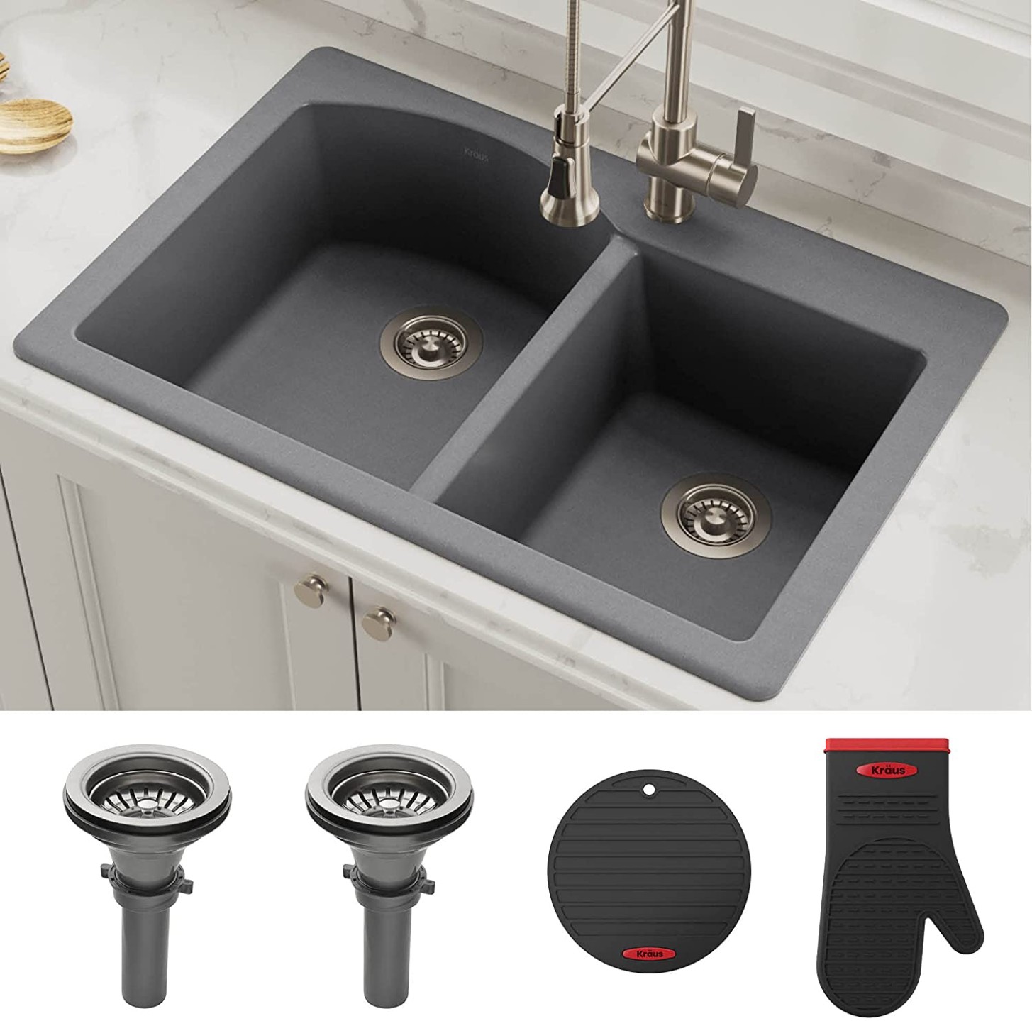 Kraus Forteza 5" Drop-In/Undermount Granite 5/5 Double Bowl Kitchen Sink  - Grey (KGD-5GREY)