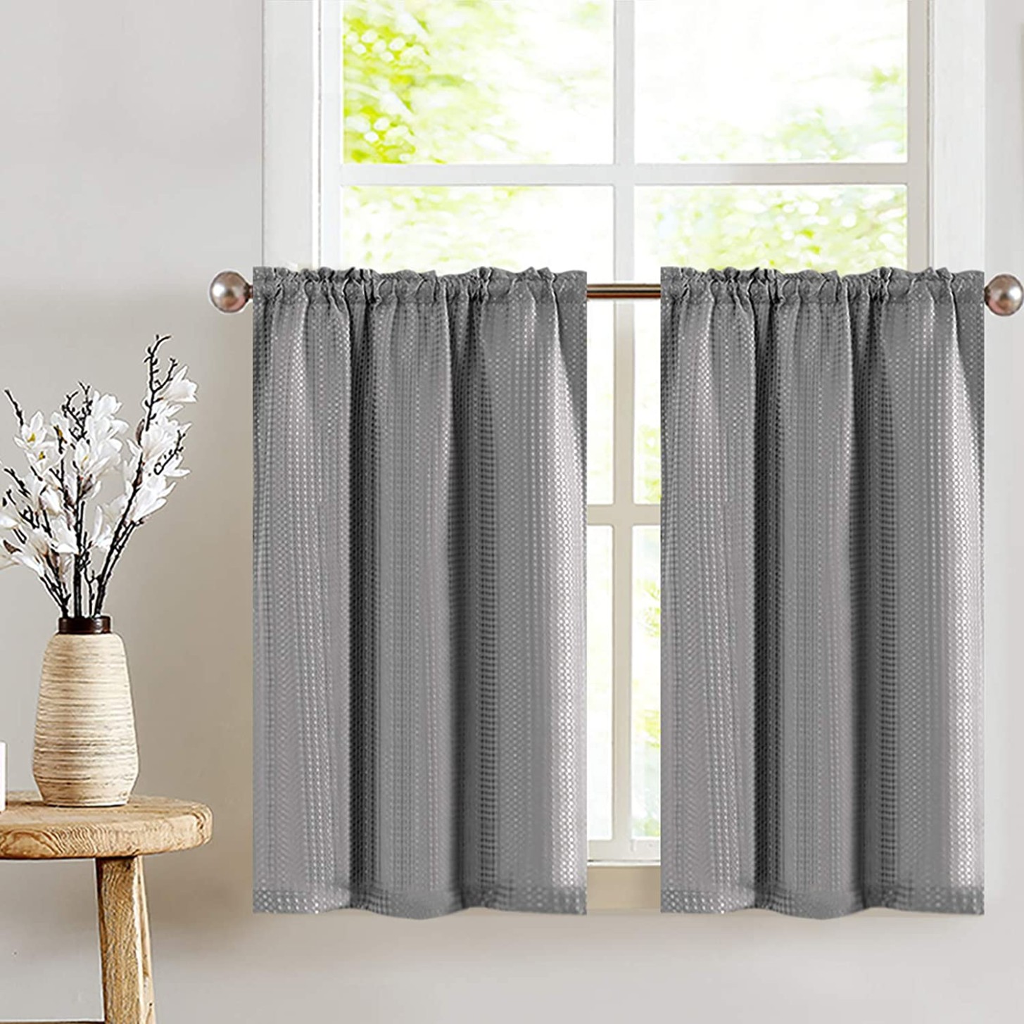 Lazzzy Grey Kitchen Curtains Cafe Curtains 4 Inch Gray Waffle Textured  Tier Curtains for Bathroom Half Window Curtain Set for Living Room Bedroom   - grey kitchen curtains