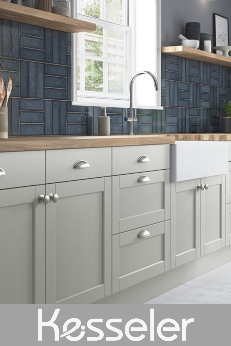 Light Grey Shaker Kitchen with wood worktop  Tiny house kitchen  - grey shaker kitchen