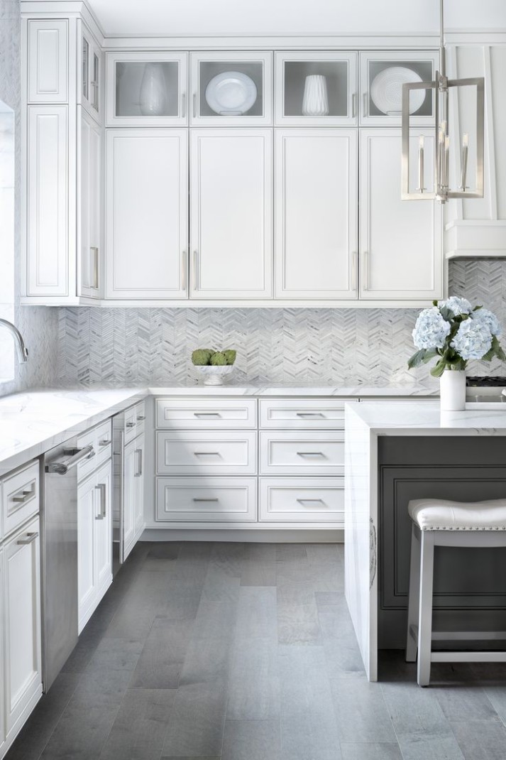 Modern Farmhouse Kitchen  Grey kitchen floor, Kitchen remodel  - grey tile floor with white cabinets