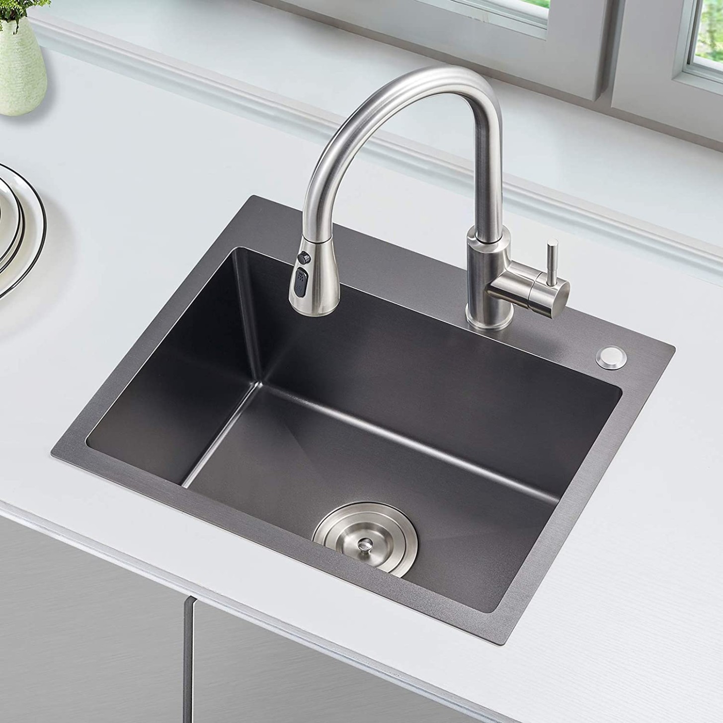 ROVATE 5 x 5 Inch Topmount Kitchen Sink Single Bowl, Handmade Durable  Dark Grey Black Nano Titanium Plating SUS5 Stainless Steel Drop-in  Kitchen  - grey kitchen sink