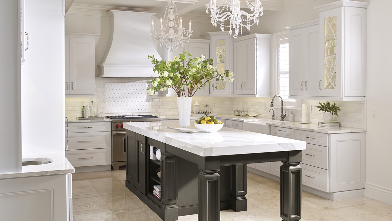 White Kitchen Cabinets with a Dark Grey Island - Omega - grey kitchen island with white cabinets